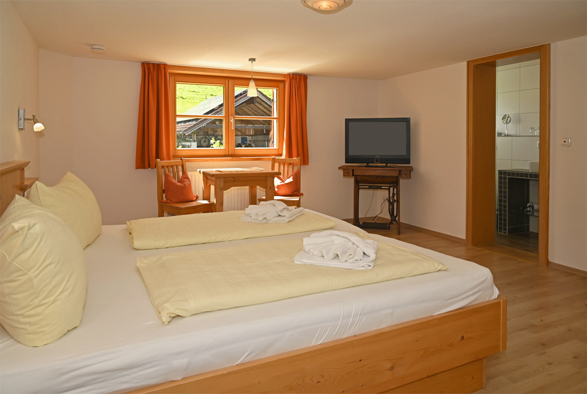 Schlafzimmer mit Doppelbett und Bergblick